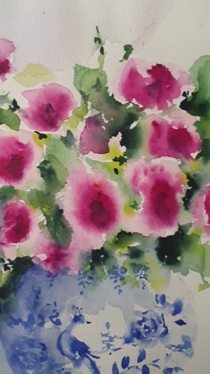 Fujico 水彩画 花瓶の花 中国の花瓶の花、花の水彩画、花束の壁アート、花瓶のピンクの花の