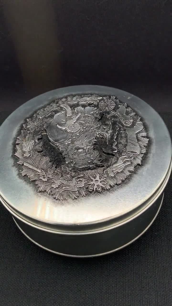 Vintage Metzke Christmas Pewter Cookie Tin, Santa Wreath Design