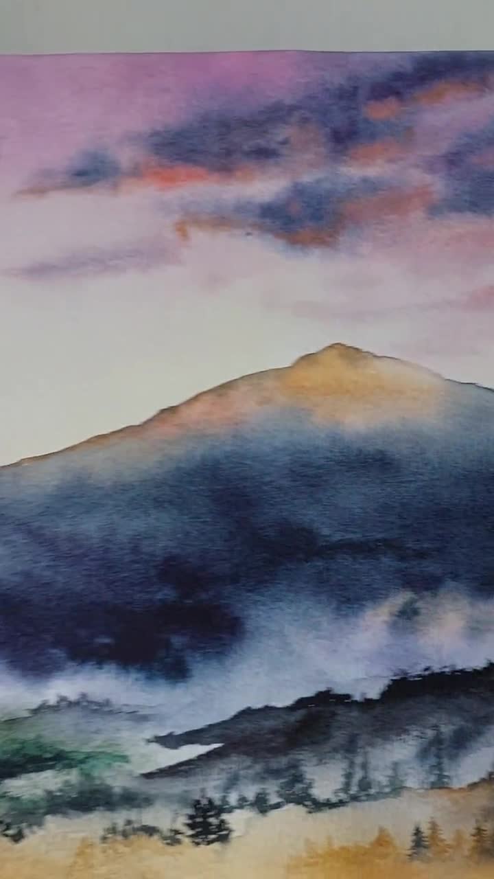 オリジナルの水彩画の霧の森の絵画、夕日の山のアートワーク、魅惑の森