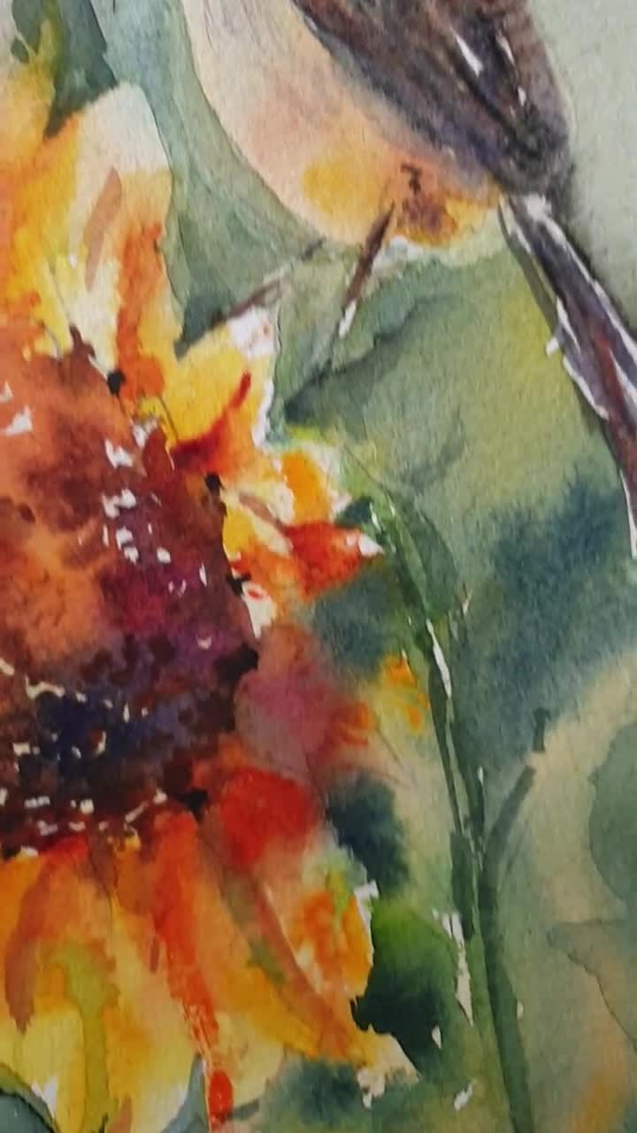 ひまわりに鳥の絵、ひまわりの水彩画、ひまわりに鳥の水彩画