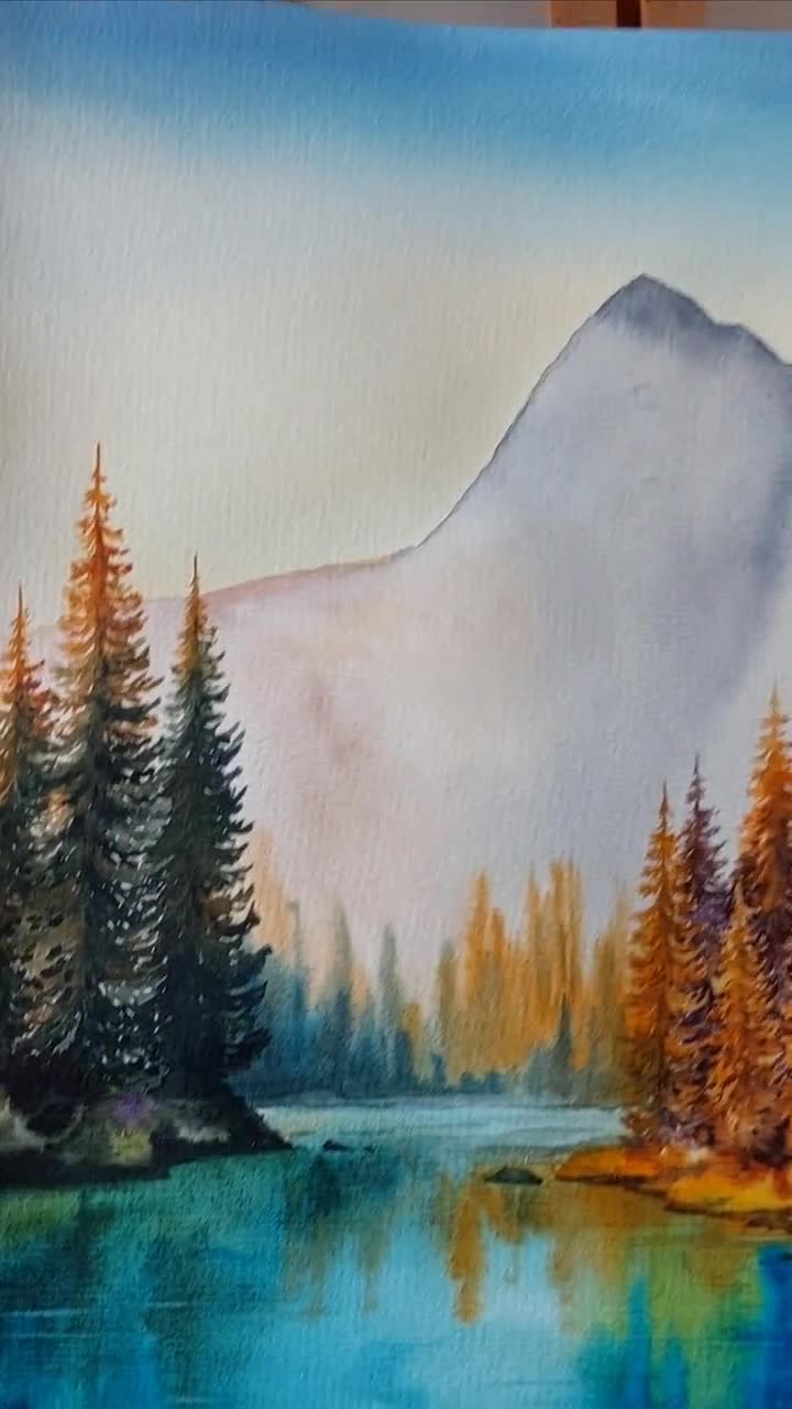 オリジナル水彩画、写真からの絵画、山の壁画、森の絵画、夕焼けの壁画