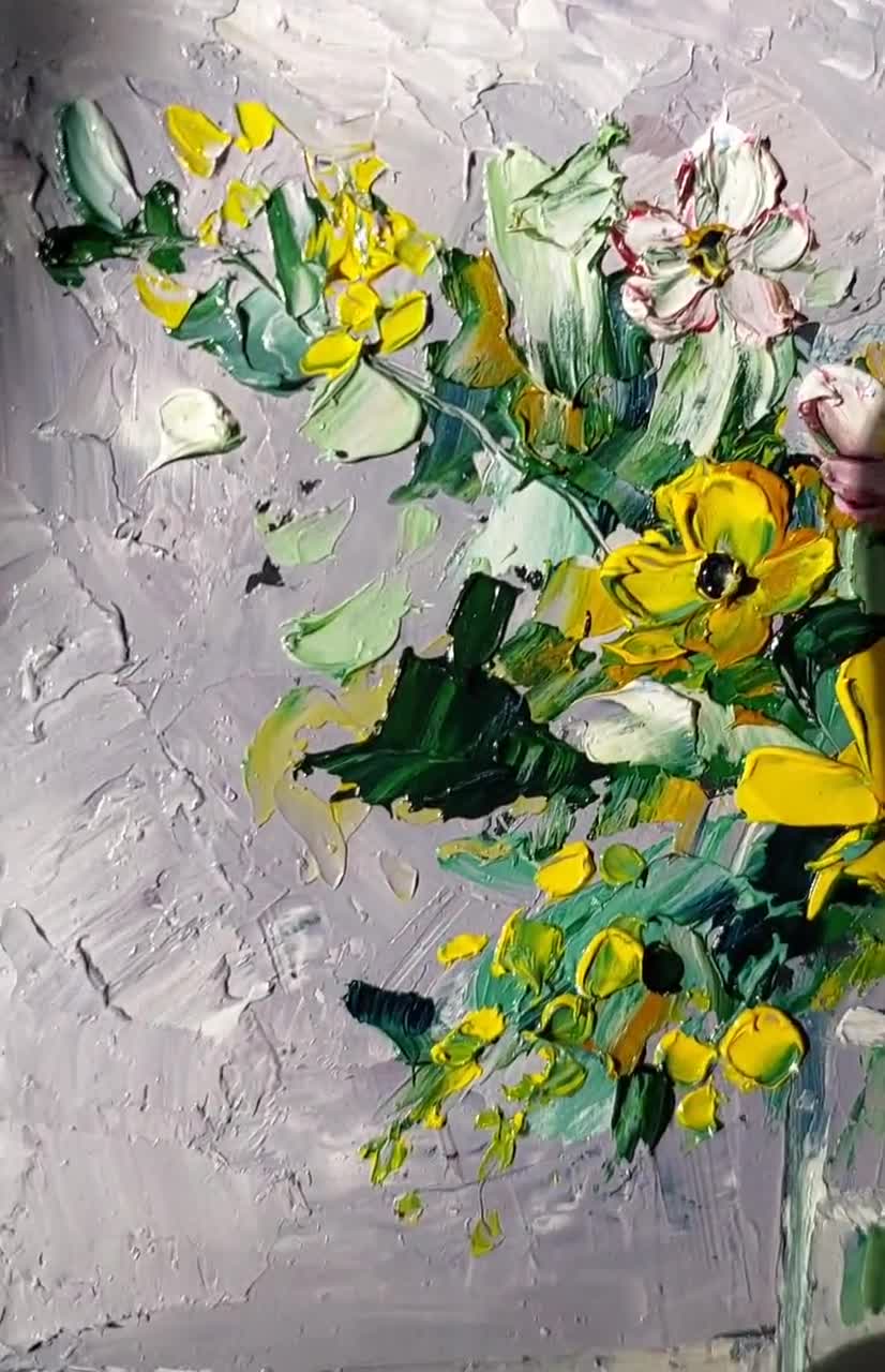 小さなオリジナルの油絵、花の静物画の壁画、植物のアートワーク、花瓶
