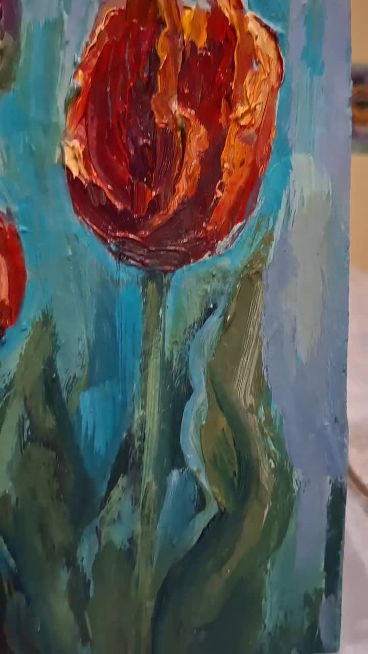 油絵 赤いチューリップ 赤いチューリップの油絵。チューリップの花の絵