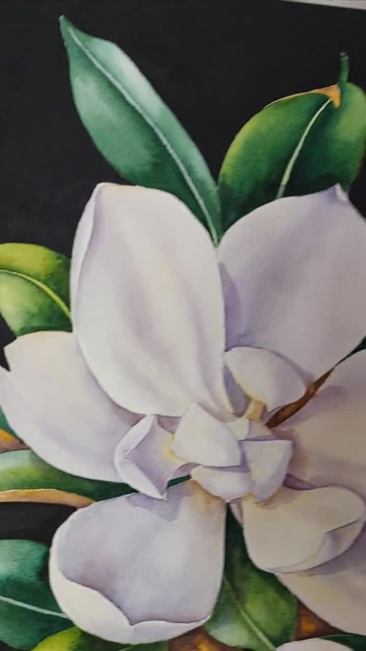 オリジナルのマグノリアの水彩画、植物の壁画、白いマグノリアの美術