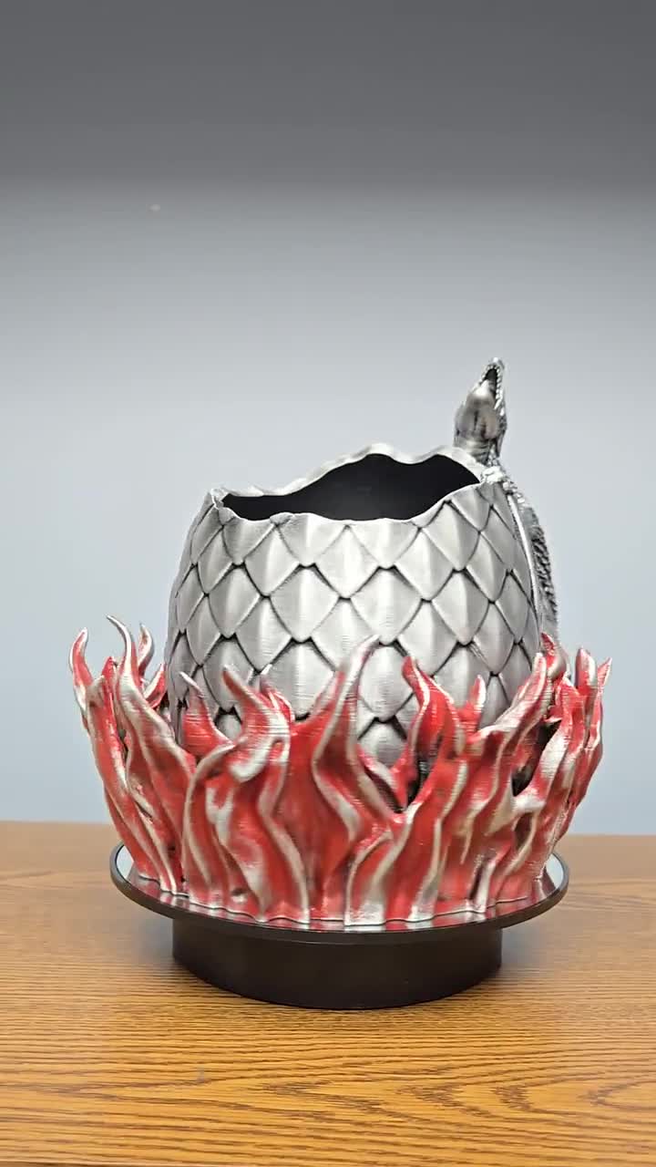 3D Printed Dragon Egg Planter: Silver Dragon & Red Flame Base - Etsy