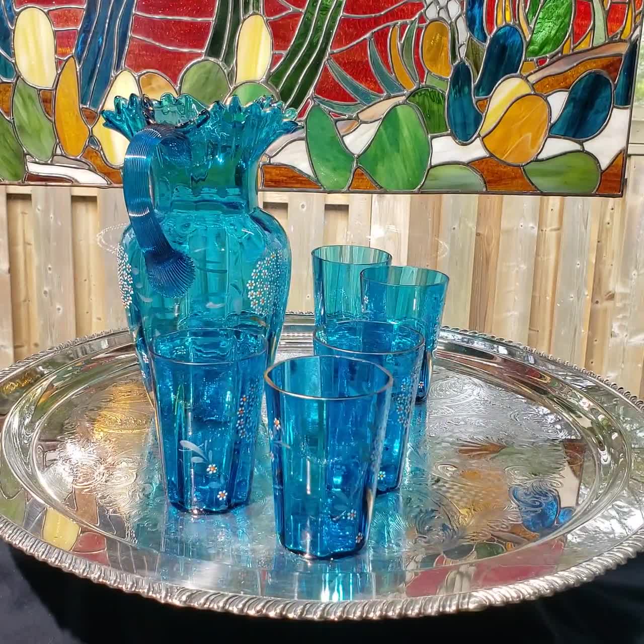 Pitcher Set: Ice Blue Victorian Glassware - Hand Painted Detail - Etsy