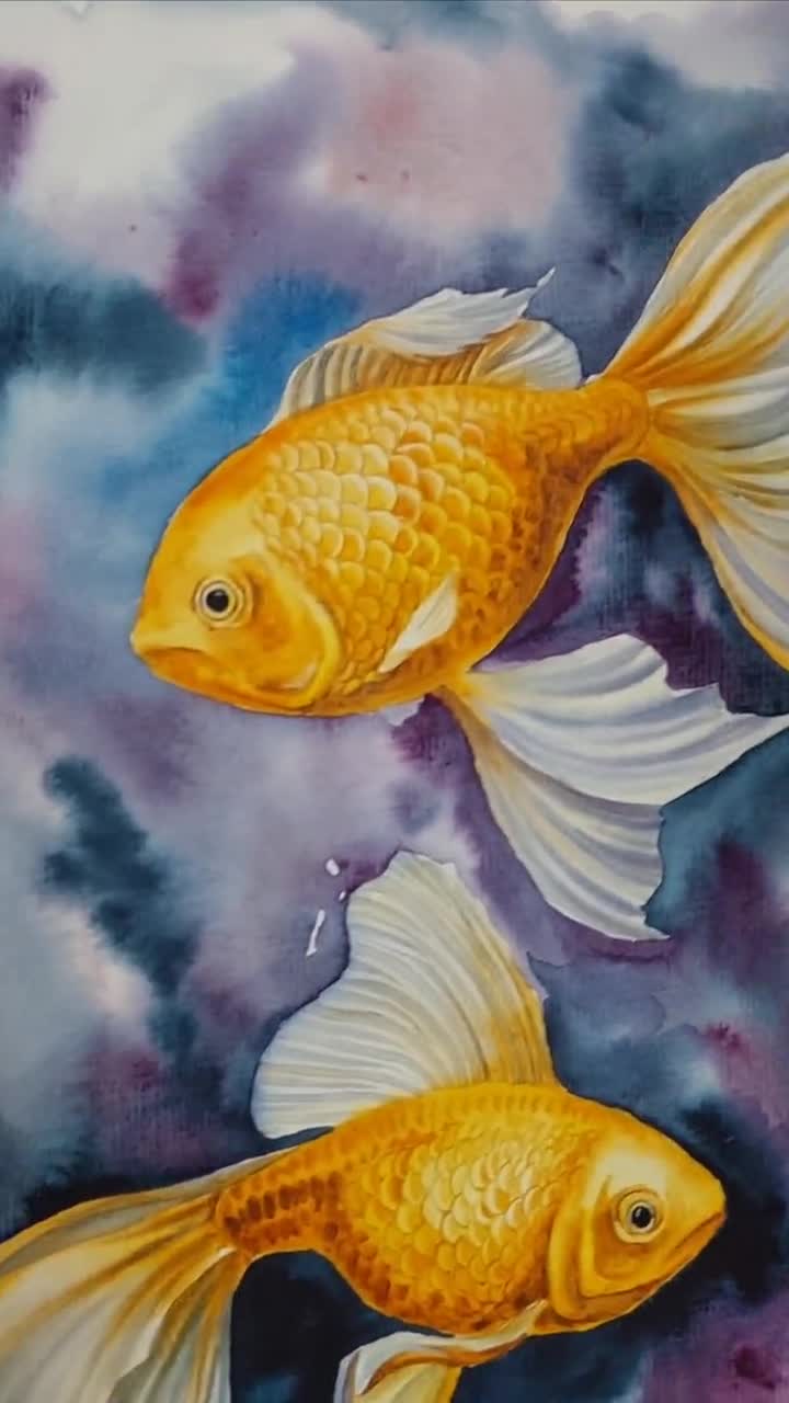 オリジナル水彩画、金魚の絵、禅の壁アート、オレンジ色の壁アート