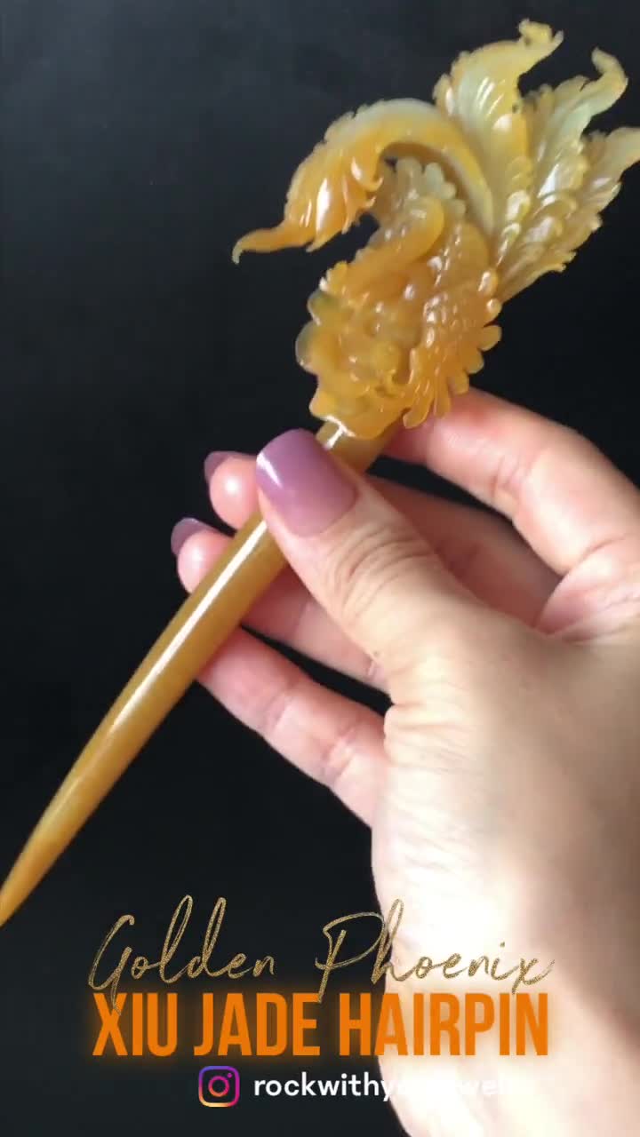 秀翡翠の蛇紋石手彫り金鳳凰牡丹簪 | 黄橙赤翡翠の簪 | アジアン