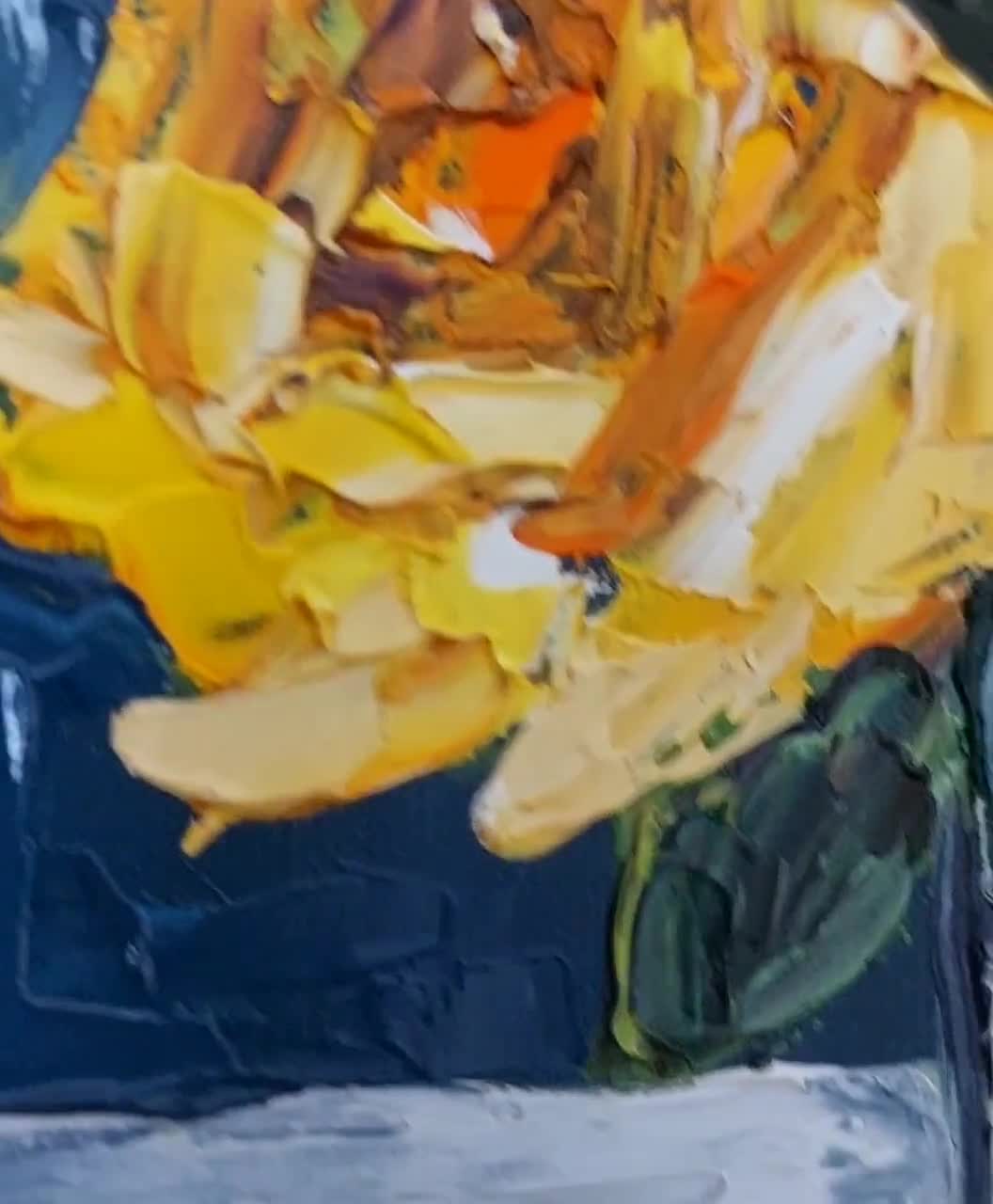 黄色いバラのオリジナル油絵、花の静物画、厚塗り技法、6x6インチ
