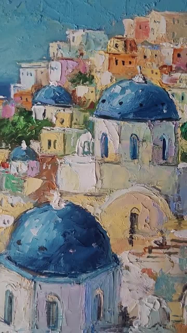 サントリーニ島の油絵 ギリシャ オリジナルアート 海景 壁アート ミニ