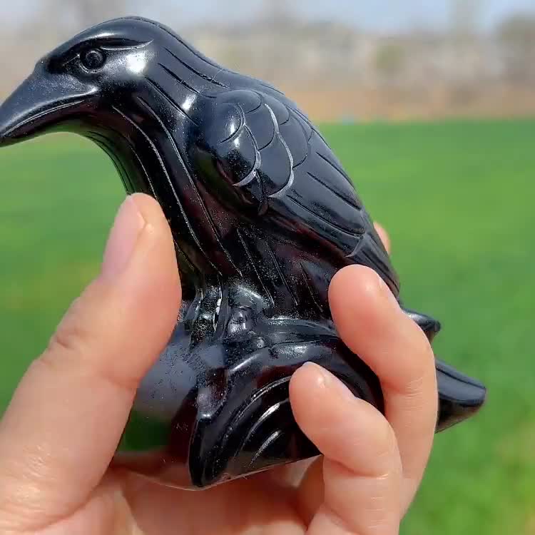 天然黒曜石カラス、水晶カラス、水晶鳥、鉱物標本、レイキヒーリング