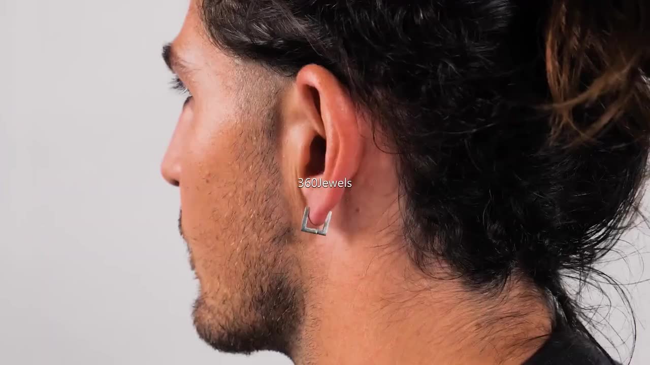 Mens Silver S 8mm Square Huggie Hoop Earrings | Geometric