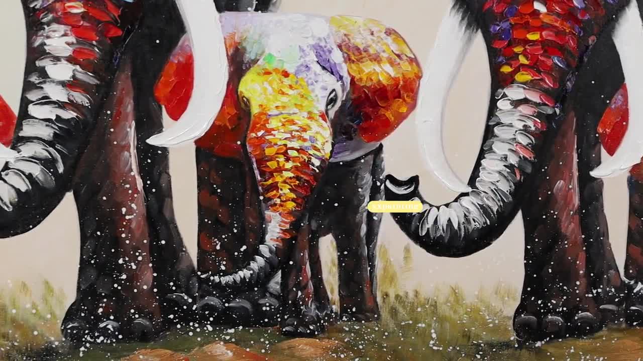 テクスチャ加工を施した象の家族の絵画：額入りキャンバスウォール