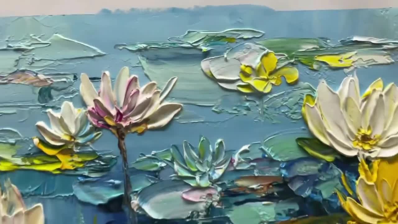 蓮の花の池の油絵テクスチャードスイレンの壁アートブルーボタニカル