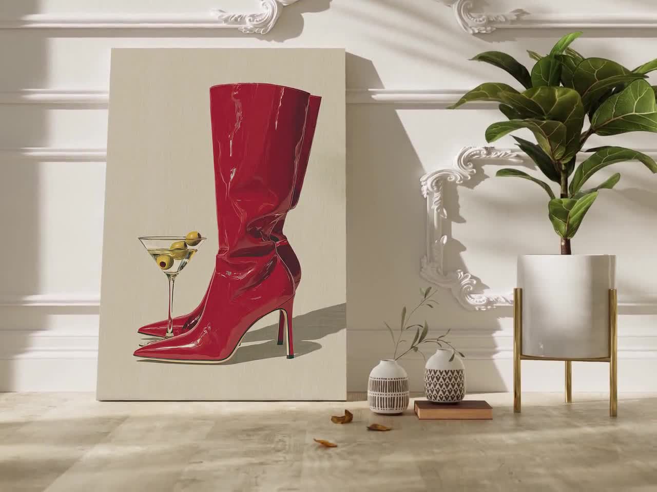 Red High Heel Boots and Martini Canvas Wall Art, Chic Fashion