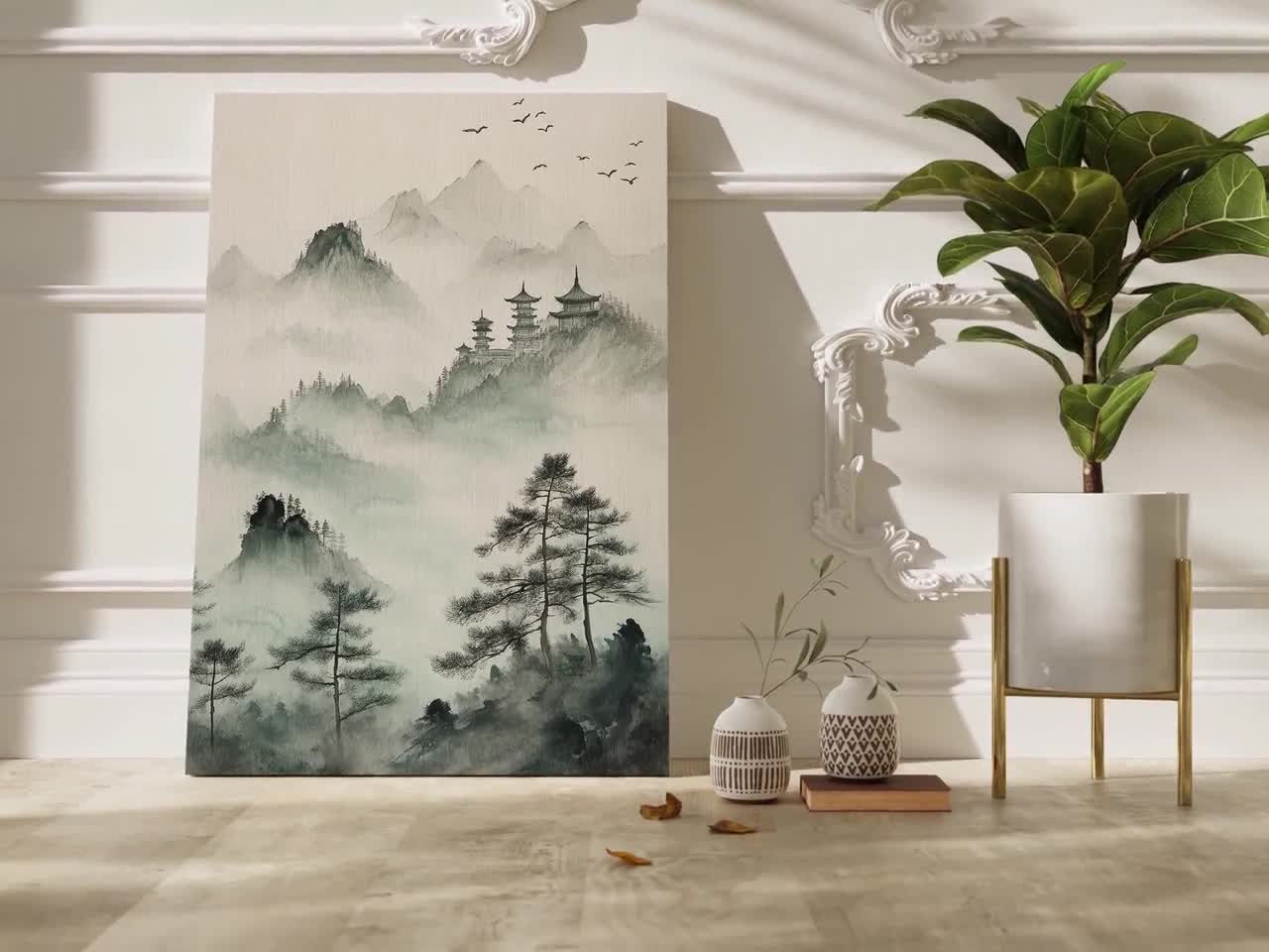 日本の水墨画風景画 - 禅の山の霧の壁画 - アジアの水彩画キャンバス