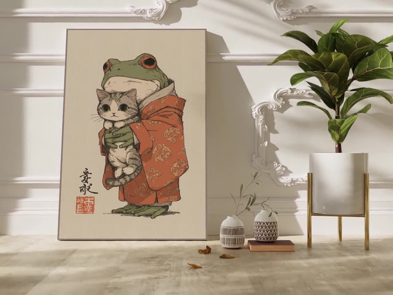 Japanese Frog Holding Cat Canvas Art, Cute Animal Print in Kimono
