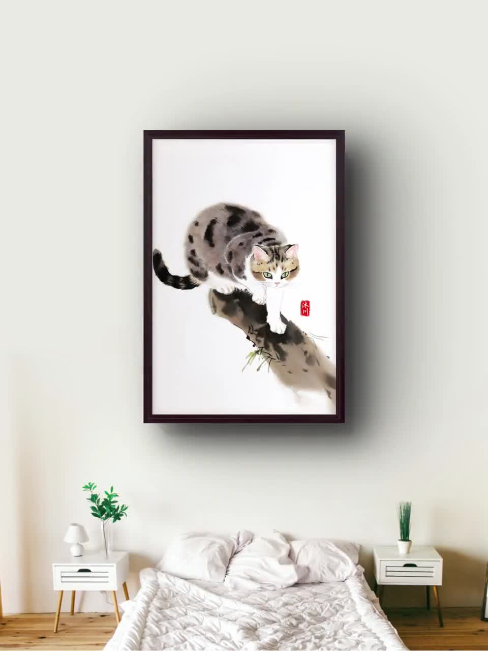 李利魯 猫花図 額装 絵画 風景画 水墨画 動物画 中国 山東 2_h9hqvk.jpg