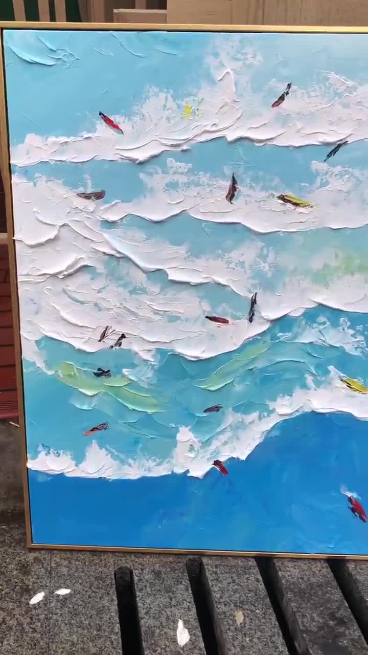 オリジナル抽象サーフィン油絵：青い海の波アート - Etsy 日本