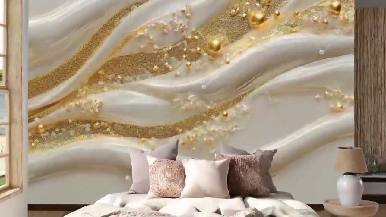 3Dパールとゴールドの波模様の壁紙壁画 | 高級感のある質感の抽象的な