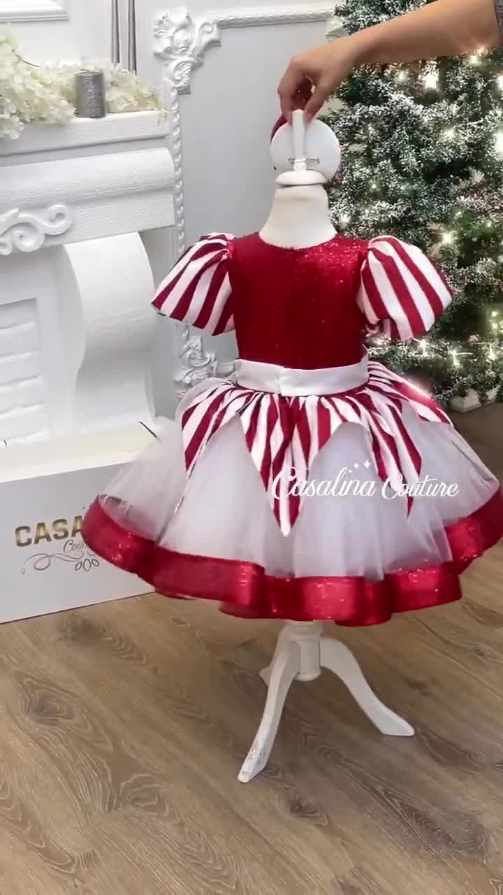 Sugar Cane Dress. Puffy Tiered Red and White Print Knee Length Christmas Baby Girl Dress. Special Luxury Baby Girl Dress for Christmas