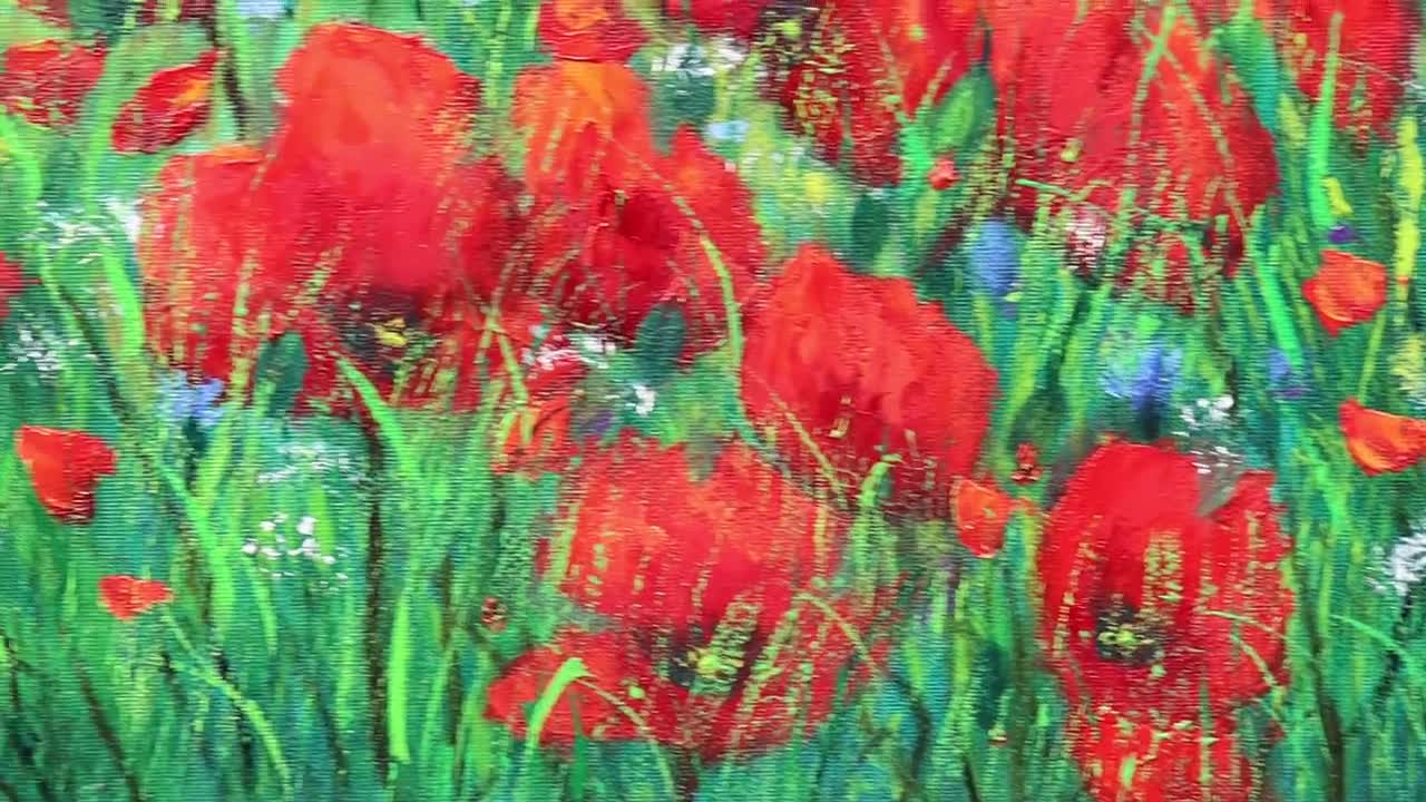 ポピー畑の油絵、赤と緑の風景、花畑のキャンバスアート、28 x 20