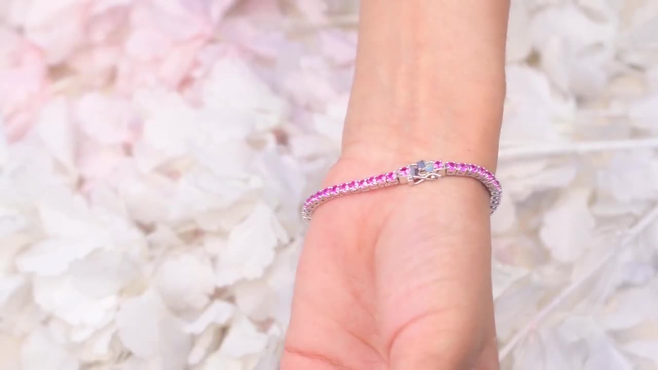 ピンクサファイア テニスブレスレット、スターリングシルバー