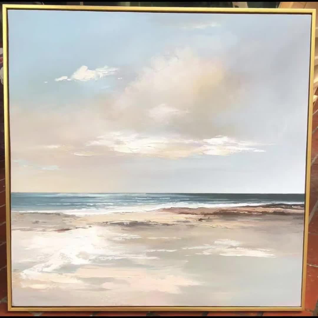 大きな空と海の絵画 ビーチの風景画 オリジナルの海のキャンバス画 雲