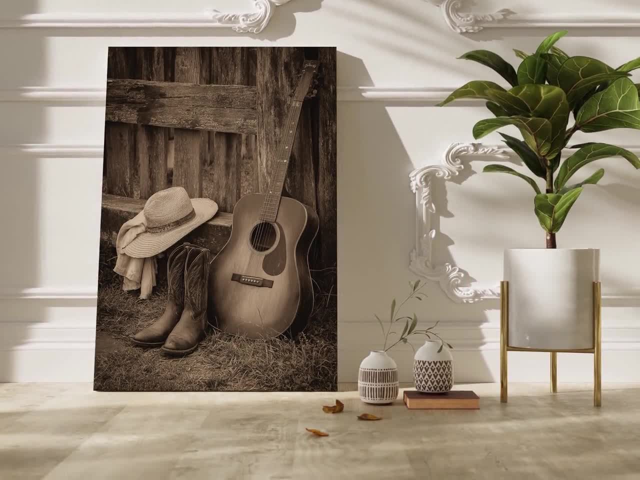 Sepia Cowboy Canvas Wall Art, Western Country Music Guitar Print