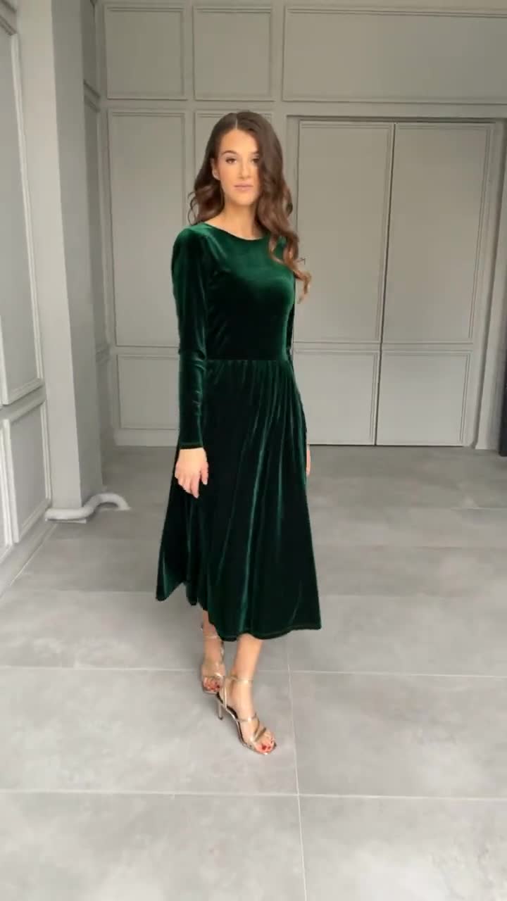 green velvet dress a line Dark Emerald Dress, Midi Dress, Evening Dress, Wedding Guest Dress, Cocktail Dress, Bridesmaid Dress, Formal line Fabric Gowns Savoree Women's Elegant White Color:Slate Blue
