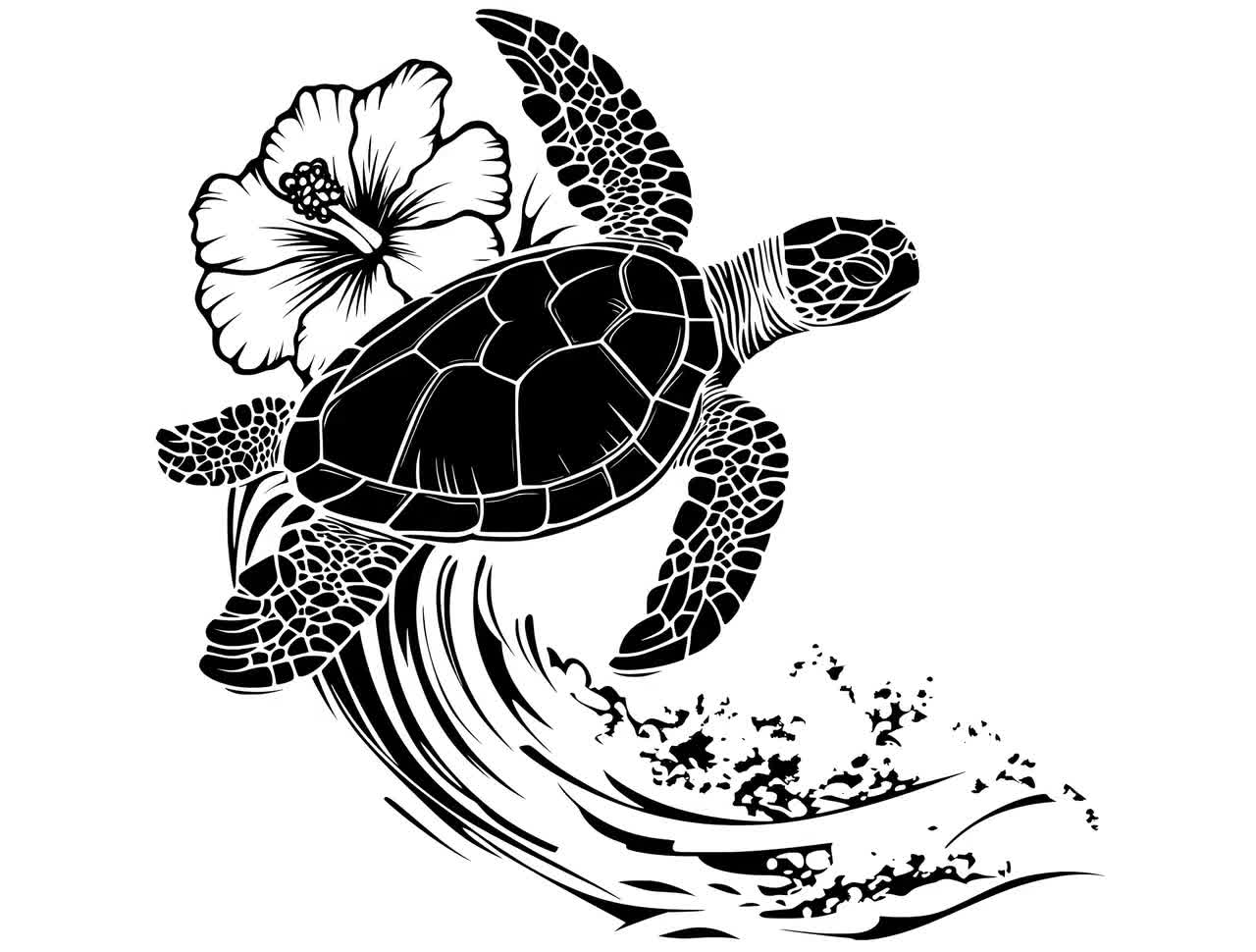 ウミガメのハイビスカスウェーブ SVG + PNG セット - ハワイアン