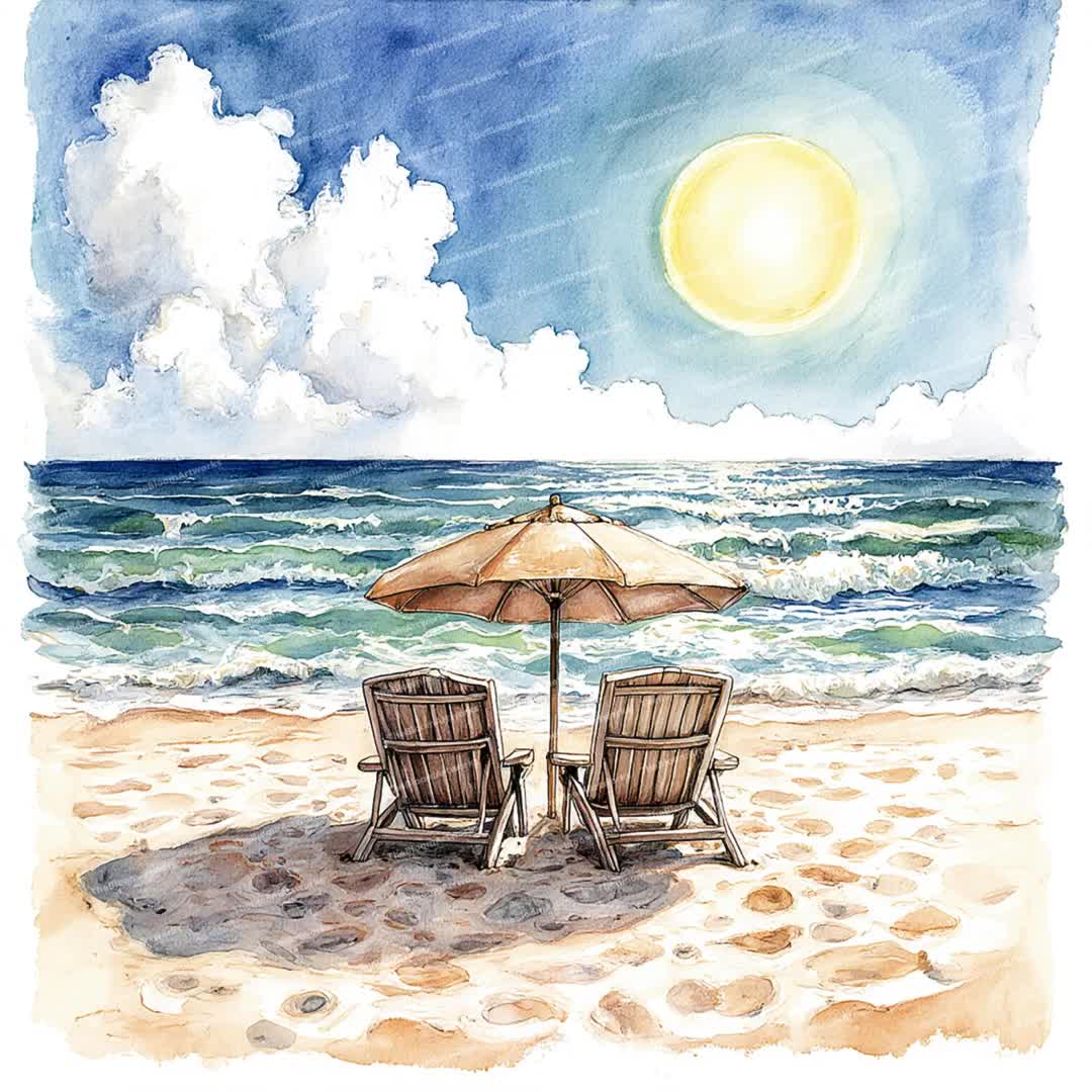 12枚のビーチチェアのクリップアート、水彩画の夏、海の夕日、海岸の