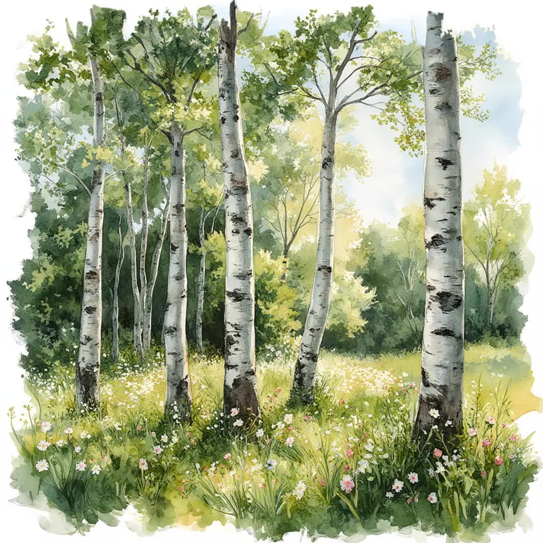 白樺の木のクリップアート12点、水彩の白樺の森、夏の森の風景、夏の