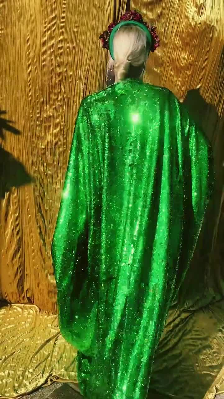 unique vintage emerald & gold sequin burton caftan dress reviews Holographic Green Kaftan Gown, Freesize Plus size