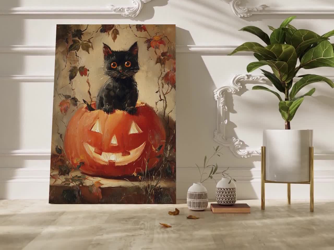 カボチャの中の黒猫のハロウィンアートプリント – 秋やハロウィン好き
