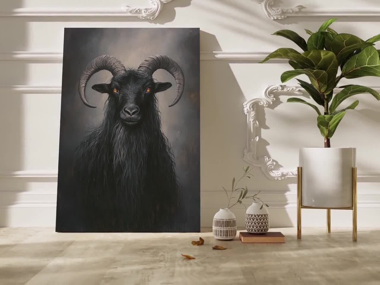 Mystical Black Goat Portrait Wall Art, Dark Fantasy Animal Canvas