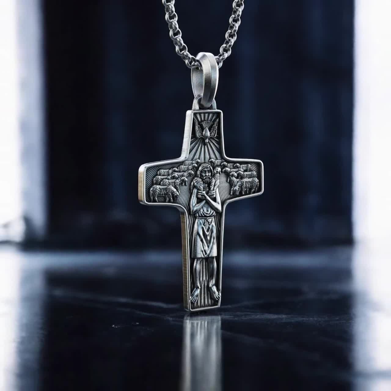 Handmade Silver Good Shepherd Cross Necklace, Personalized Pope