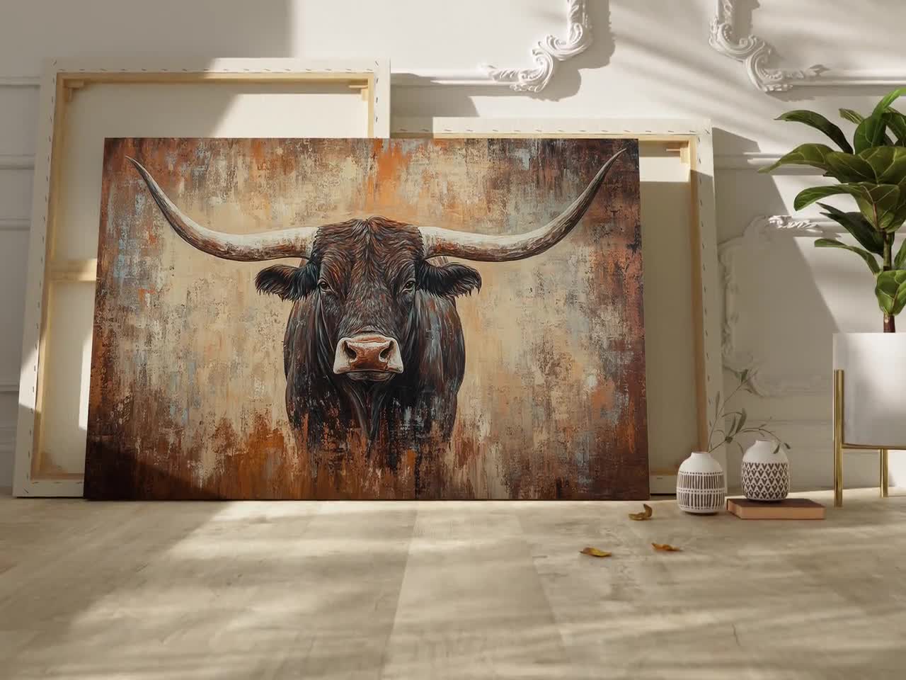 Rustic Longhorn Steer Wall Art on Textured Canvas | Western Cowboy