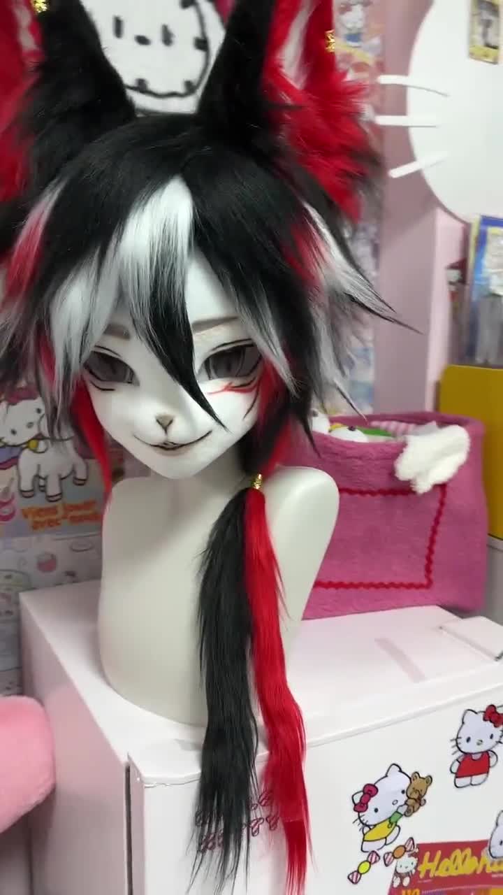 Gothic Kemono Fox Fursuit Head, Black White Resin Anime Cosplay