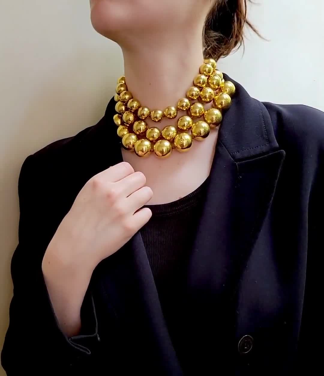 Chanel Triple Strand Gold Ball Necklace, Chanel Logo. Collectable