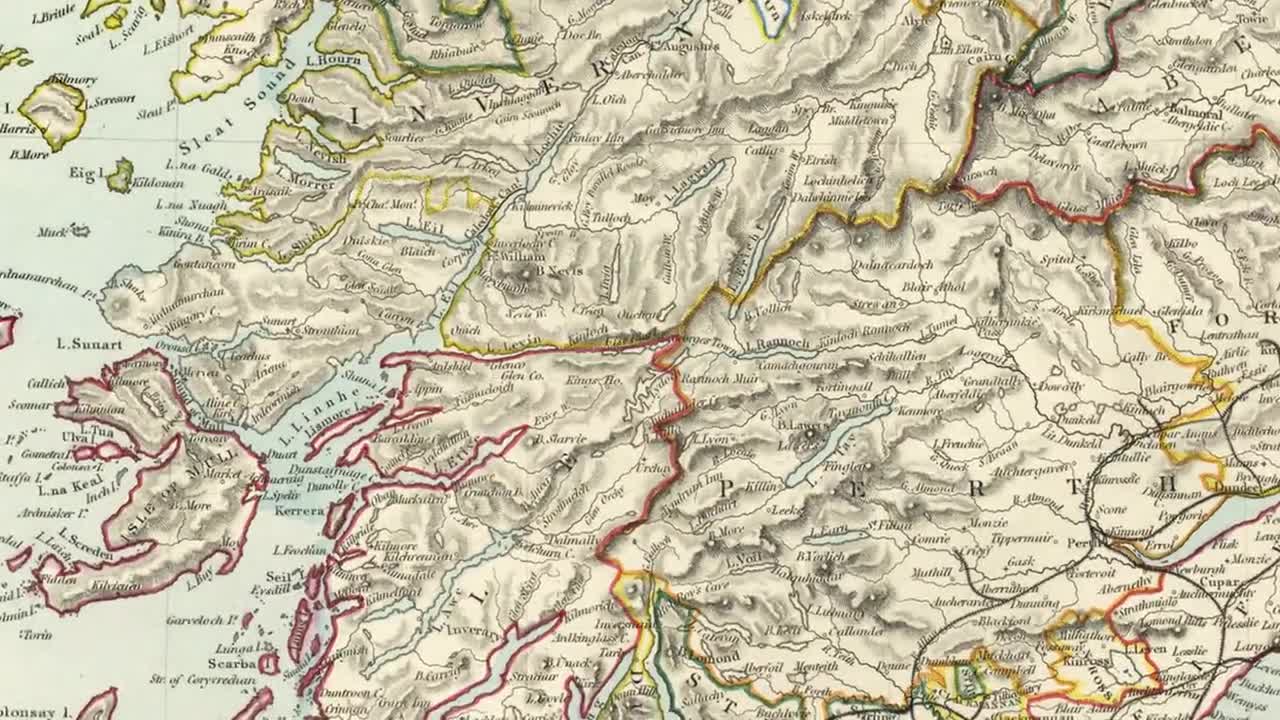 アンティークスコットランド地図印刷物（1856年） - 超高解像度