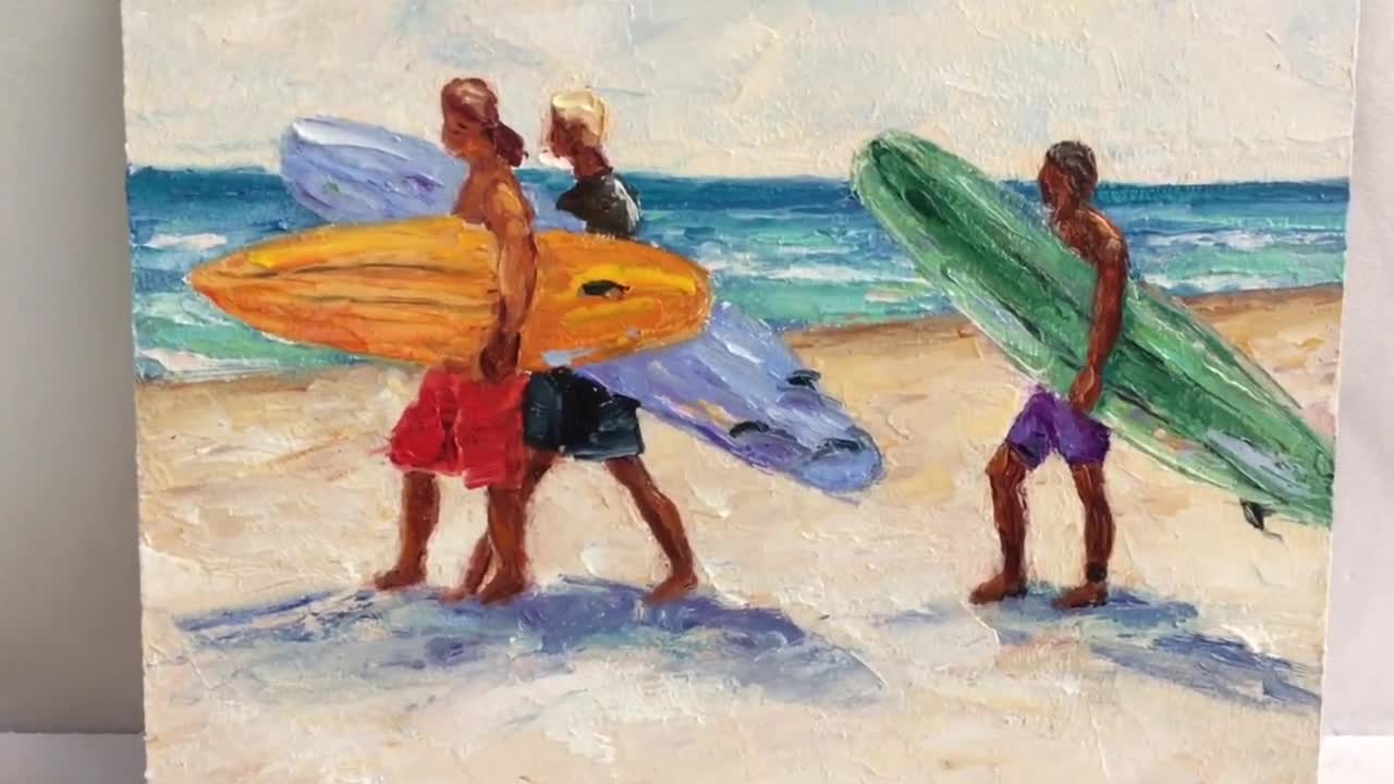 サーフィンのインパスト オリジナル油絵。小さなビーチと海
