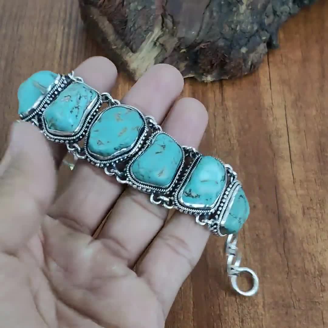 Tibetan Turquoise Gemstone Handmade Sterling Silver Bracelet