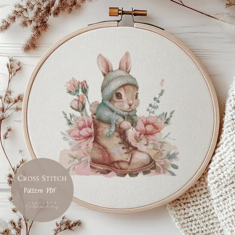 かわいいウサギのクロスステッチパターン | ウサギのピンクの花の刺繍