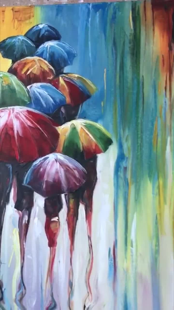 抽象的な傘の絵画 モダンな雨の日のアート オリジナルの傘のアート装飾