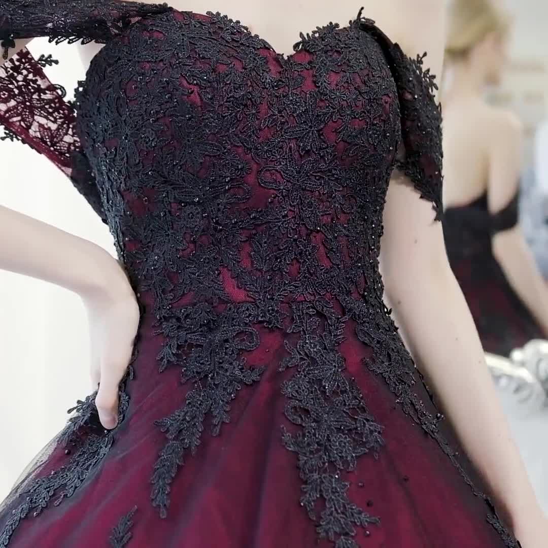 women's dark red and black off the shoulder dress gothic Open Back Bridal Ball Gown Black / Custom Available Size:32 Regular Closure Type influencer-new Asymmetric Satin Mini Dress