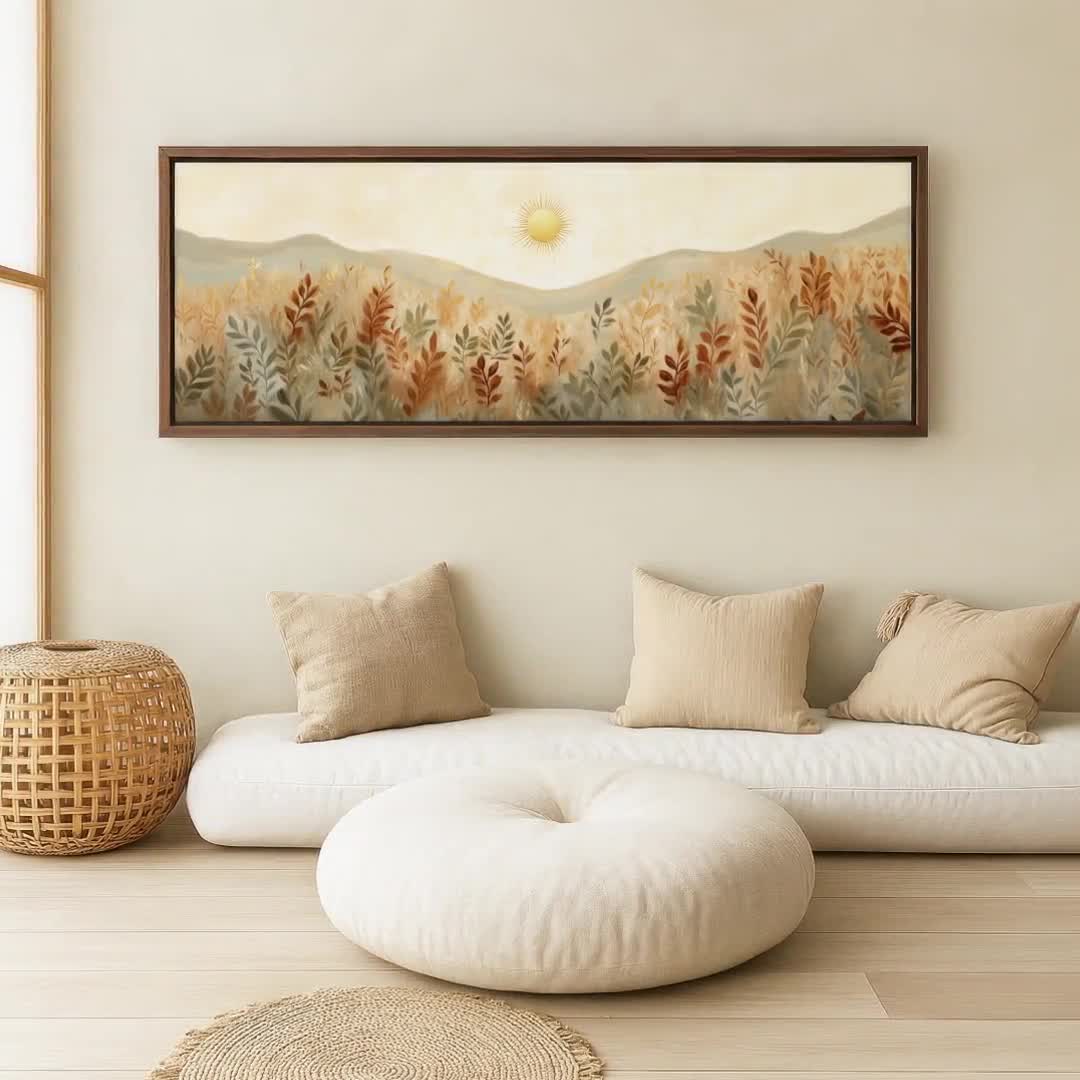 Japandi Wall Art, Boho Landscape Painting on Framed Canvas