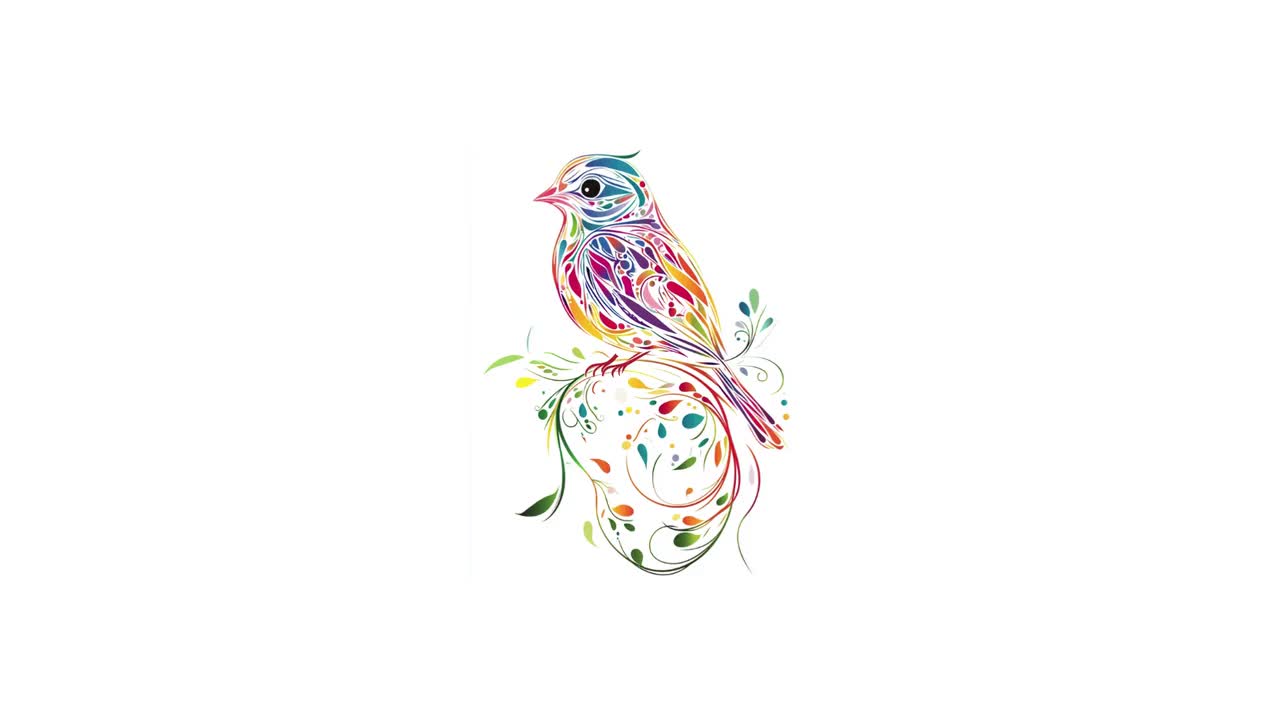 花柄の鳥のクリップアート：虹色の水彩イラスト、デジタルダウンロード