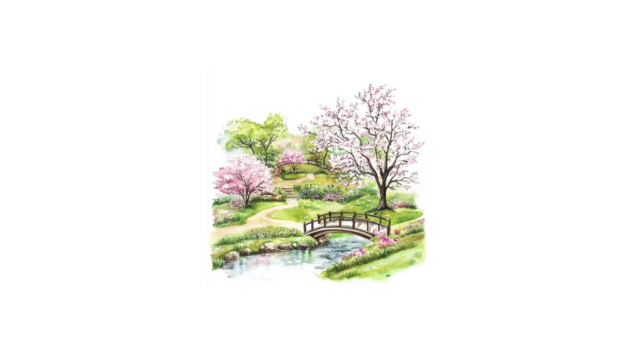 日本の庭園クリップアート8点セット：水彩画風春のアジアアートPNG