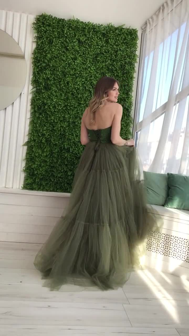 green tulle corset dress Fluffy with evening dress luxurious dress dress, shiny top Off shoulder corset dress for a photo shoot,Olive dress Size:L - Long re-cut Sage Green Wedding Dress Fitting for Phoebe's Wedding: Wedding dress with